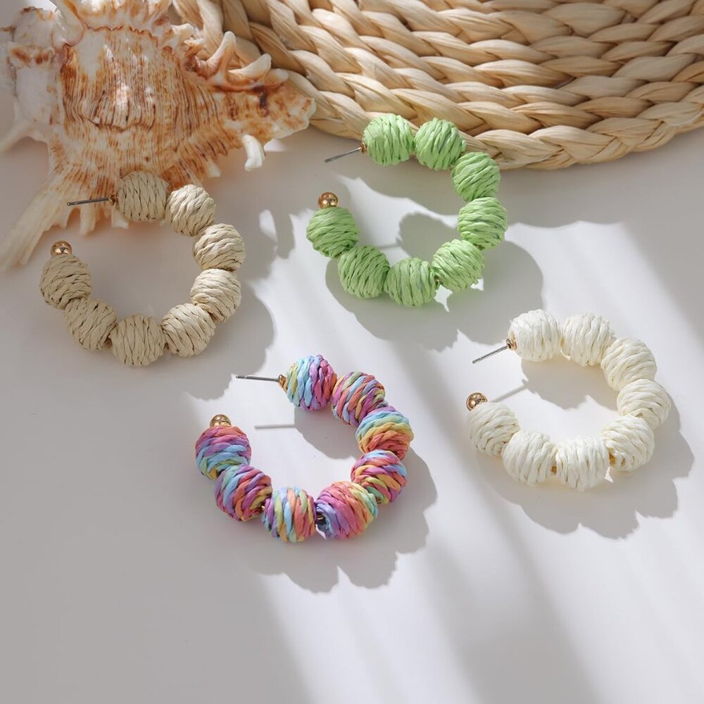 Colorful Statement Raffia Hoop Dangle Earrings Fo… - image 3